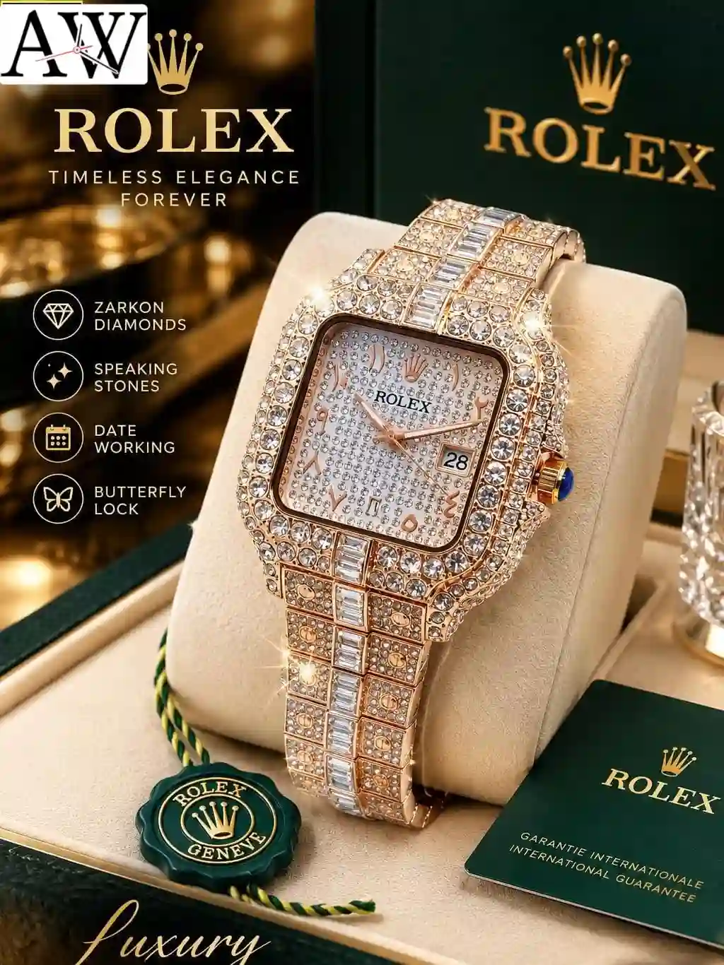 Rolex Ice Style Watch for Women | Luxury Iced Out Crystal Watch