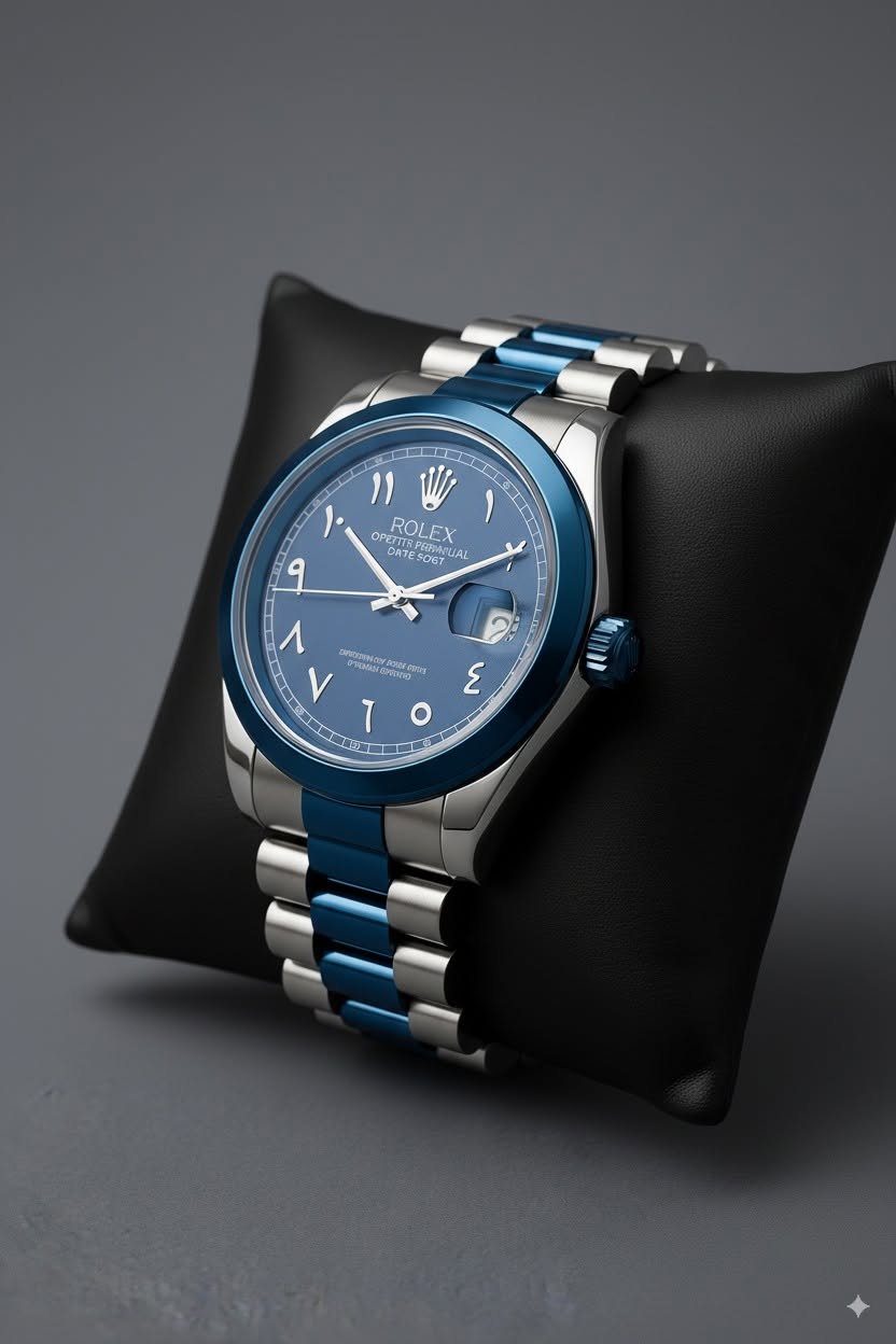 Rolex Arabic dial men's blue silver two-tone date watch