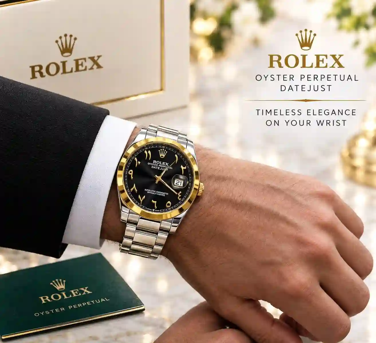 Rolex Arabic dial men's blue silver two-tone date watch